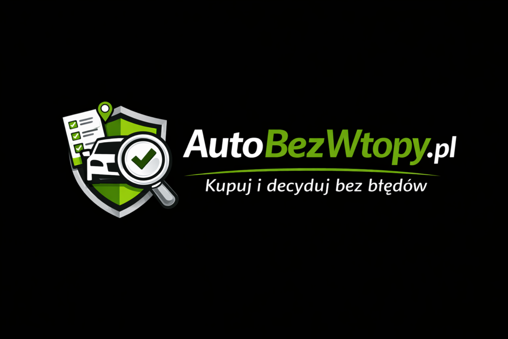 Logo AutoBezWtopy.pl z tarczą, samochodem i checklistą – czarne tło, biało-zielona kolorystyka