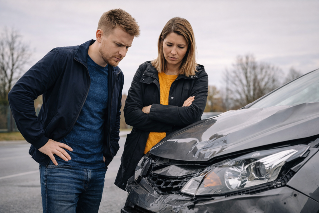 Mężczyzna i kobieta oglądają lekko uszkodzony samochód po wypadku przed zakupem