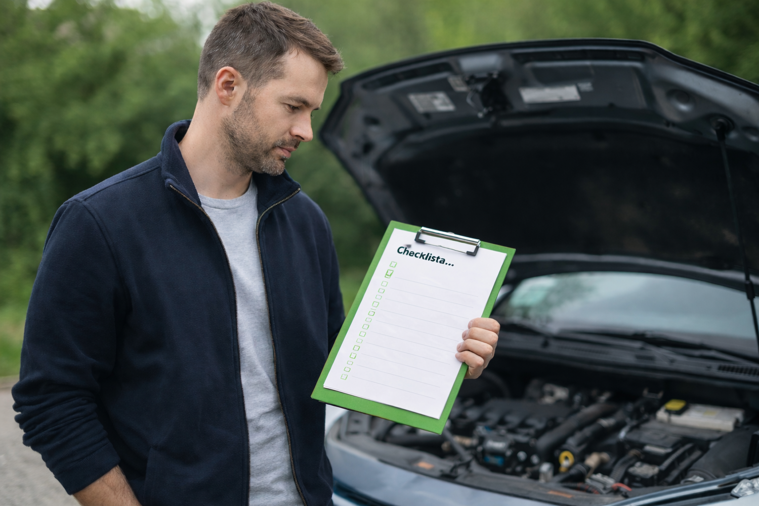 mężczyzna sprawdza samochód używany z checklistą kontroli auta