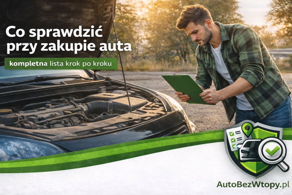 Co sprawdzić przy zakupie auta – mężczyzna sprawdzający samochód z checklistą przy otwartej masce