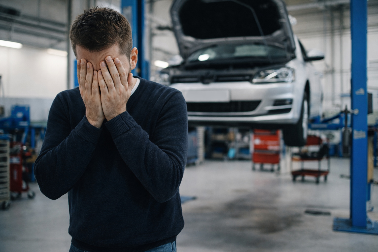 Załamany mężczyzna w warsztacie samochodowym stojący przed autem na podnośniku – problemy po zakupie samochodu używanego