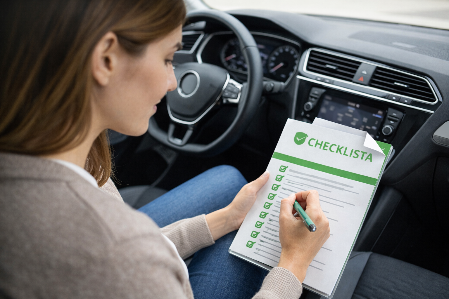 Kobieta sprawdza samochód używany przy pomocy listy kontrolnej samochodu PDF