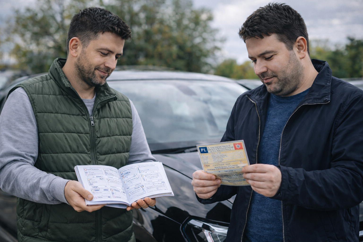 Mężczyźni sprawdzają dokumenty samochodu.