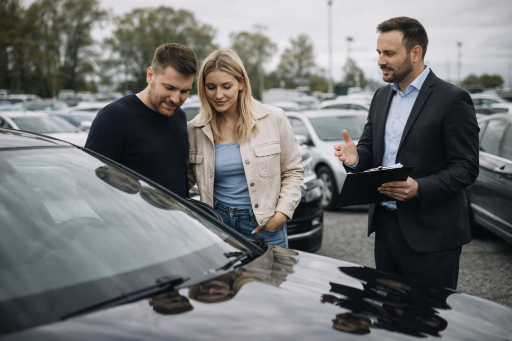 Mężczyzna i kobieta oglądają czarny samochód w komisie razem ze sprzedawcą